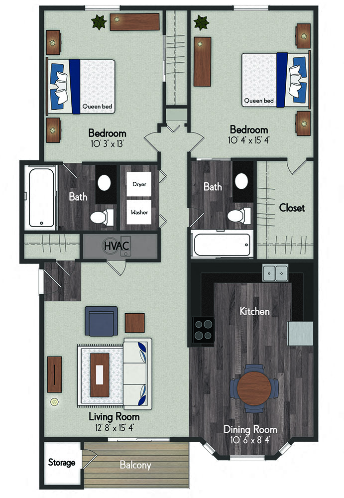 Floor plan for 2 beds, 2 baths, 1123 sqft